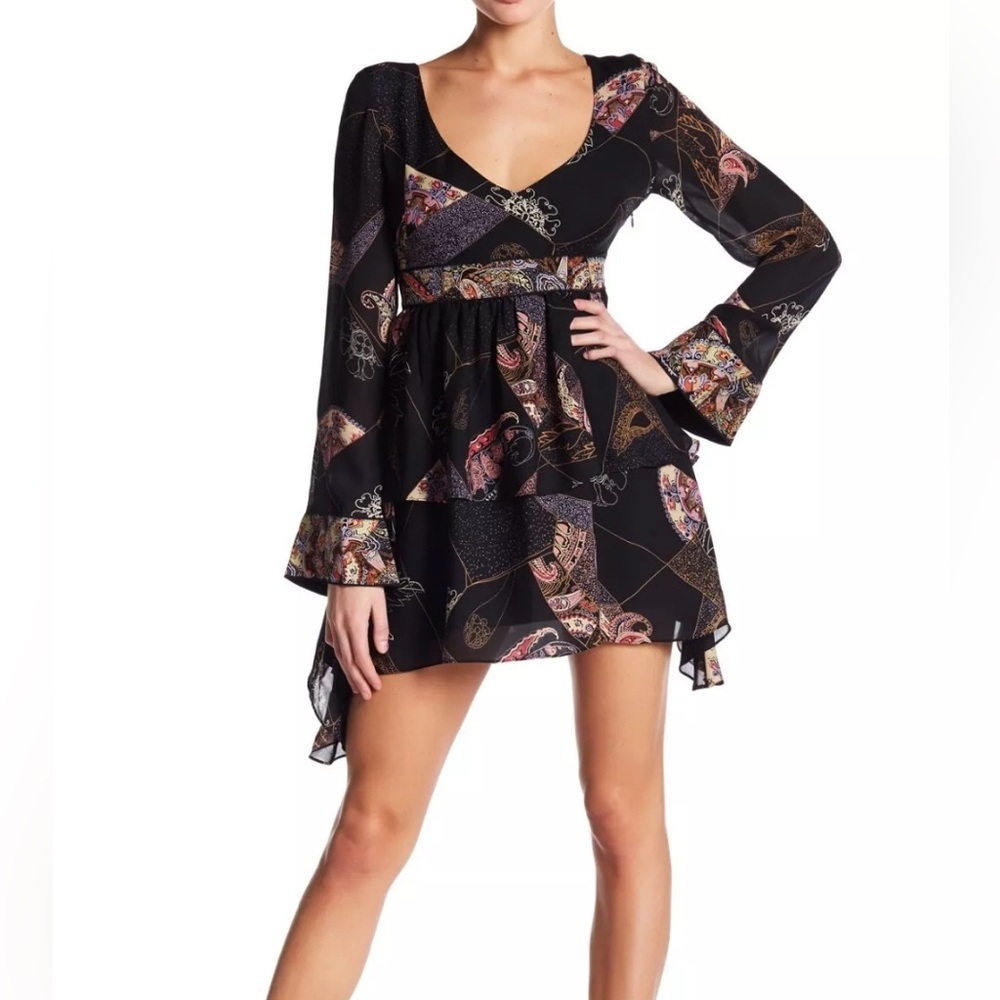 Elizabeth & James Silk Boho Gypsy whimsigoth Patchwork Print Mini Dress sz 6